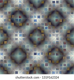 Seamless abstract pattern. The foreground consists of irregular rows of quadrilaterals.
The background consists of concentric squares and rhombuses. Editable.