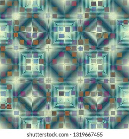 Seamless abstract pattern. The foreground consists of irregular rows of quadrilaterals.
The background consists of concentric squares and rhombuses. Editable.