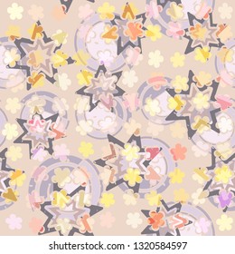 Seamless abstract pattern. The foreground consists of uneven rows of stylized flowers.
The background consists of seven-pointed stars and spirals. Editable.