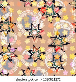 Seamless abstract pattern. The foreground consists of uneven rows of stylized flowers.
The background consists of seven-pointed stars and spirals. Editable.