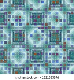 Seamless abstract pattern. The foreground consists of irregular rows of quadrilaterals.
The background consists of concentric squares and rhombuses. Editable.
