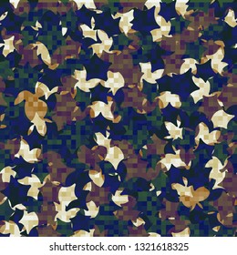 Seamless abstract pattern. The foreground consists of square pixels.
The background consists of chaos of curves of five-pointed stars. Editable.