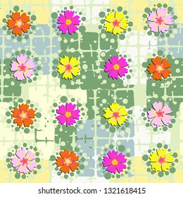 Seamless abstract pattern. The foreground consists of irregular rows of quadrilaterals.
The background consists of rounded squares sewn into groups. Editable.