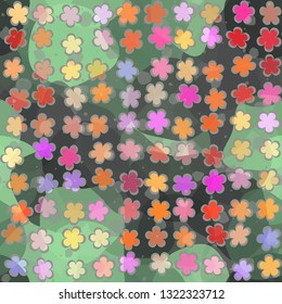 Seamless abstract pattern. The foreground consists of uneven rows of stylized flowers.
The background consists of large translucent spots. Editable.