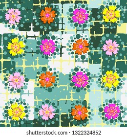 Seamless abstract pattern. The foreground consists of irregular rows of quadrilaterals.
The background consists of rounded squares sewn into groups. Editable.