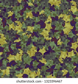 Seamless abstract pattern. The foreground consists of square pixels.
The background consists of chaos of curves of five-pointed stars. Editable.