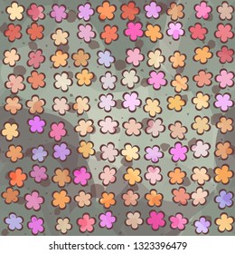 Seamless abstract pattern. The foreground consists of uneven rows of stylized flowers.
The background consists of large translucent spots. Editable.