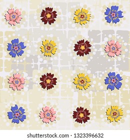Seamless abstract pattern. The foreground consists of irregular rows of quadrilaterals.
The background consists of rounded squares sewn into groups. Editable.