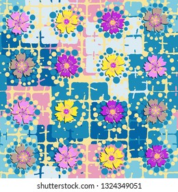 Seamless abstract pattern. The foreground consists of irregular rows of quadrilaterals.
The background consists of rounded squares sewn into groups. Editable.