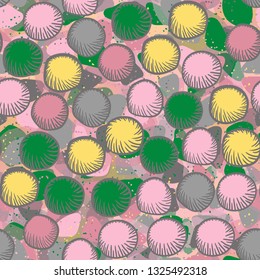 Seamless abstract pattern. The foreground consists of carelessly drawn rounded lumps.
The background consists of translucent spots. Editable.