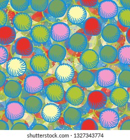 Seamless abstract pattern. The foreground consists of carelessly drawn rounded lumps. Background consisting of five-sided translucent figures.