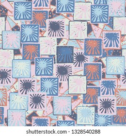 Seamless abstract pattern. The foreground consists of squares containing the sun.
Background consisting of chaos of lines and shapes.