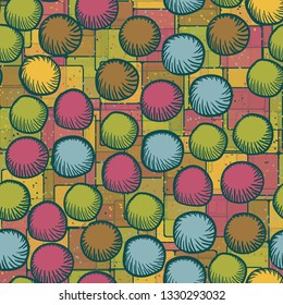 Seamless abstract pattern. The foreground consists of carelessly drawn rounded lumps.
The background consists of multi-colored translucent checkered blocks.
