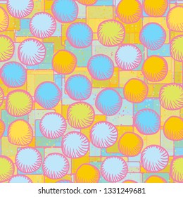 Seamless abstract pattern. The foreground consists of carelessly drawn rounded lumps.
The background consists of multi-colored translucent checkered blocks.
