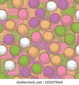 Seamless abstract pattern. The foreground consists of carelessly drawn rounded lumps.
The background consists of multi-colored translucent checkered blocks.
