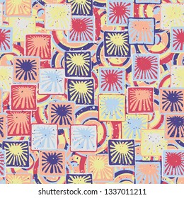 Seamless abstract pattern. The foreground consists of squares containing the sun.
The background consists of spirals.