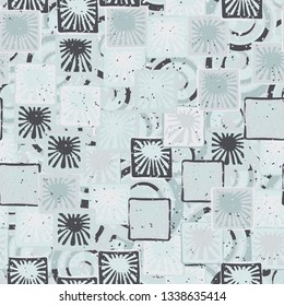 Seamless abstract pattern. The foreground consists of squares containing the sun.
The background consists of spirals.