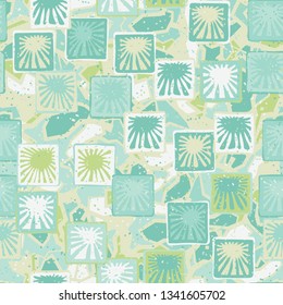Seamless abstract pattern. The foreground consists of squares containing the sun.
The background consists of translucent angular spots of different colors.