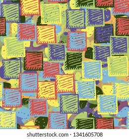 Seamless abstract pattern. The foreground consists of carelessly drawn relief squares.
The background consists of translucent spots of different colors.