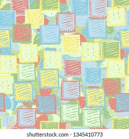 Seamless abstract pattern. The foreground consists of carelessly drawn relief squares.
The background consists of translucent spots of different colors.