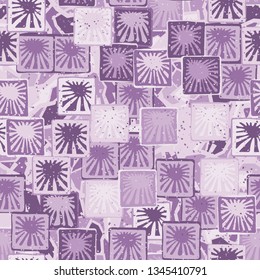 Seamless abstract pattern. The foreground consists of squares containing the sun.
The background consists of translucent angular spots of different colors.