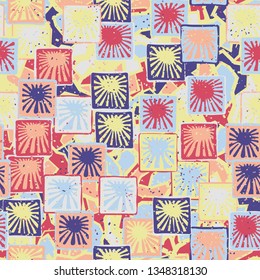 Seamless abstract pattern. The foreground consists of squares containing the sun.
The background consists of translucent angular spots of different colors.