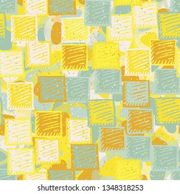 Seamless abstract pattern. The foreground consists of carelessly drawn relief squares.
The background consists of translucent spots of different colors.