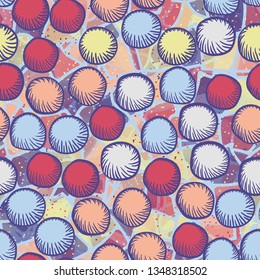 Seamless abstract pattern. The foreground consists of carelessly drawn rounded lumps.
The background consists of translucent spots with contours.