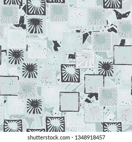 Seamless abstract pattern. The foreground consists of squares containing the sun.
The background consists of translucent angular spots of different colors.