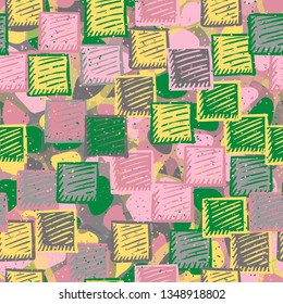 Seamless abstract pattern. The foreground consists of carelessly drawn relief squares.
The background consists of translucent spots of different colors.