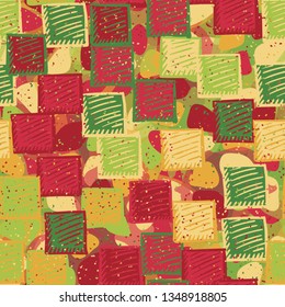 Seamless abstract pattern. The foreground consists of carelessly drawn relief squares.
The background consists of translucent spots of different colors.