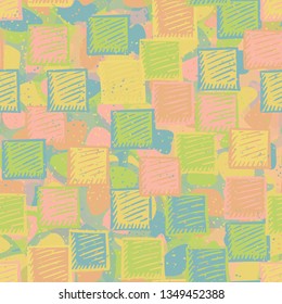 Seamless abstract pattern. The foreground consists of carelessly drawn relief squares.
The background consists of translucent spots of different colors.
