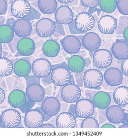 Seamless abstract pattern. The foreground consists of carelessly drawn rounded lumps.
The background consists of translucent spots with contours.