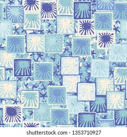 Seamless abstract pattern. The foreground consists of squares containing the sun.
The background consists of five-beam elements and holey circles.