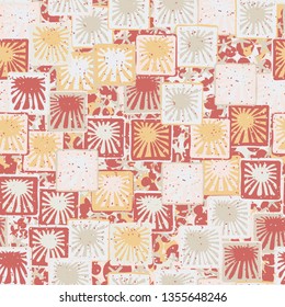 Seamless abstract pattern. The foreground consists of squares containing the sun.
The background consists of five-beam elements and holey circles.