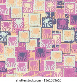 Seamless abstract pattern. The foreground consists of squares containing the sun.
The background consists of scratched blocks.