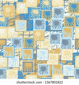 Seamless abstract pattern. The foreground consists of squares containing the sun.
The background consists of scratched blocks.