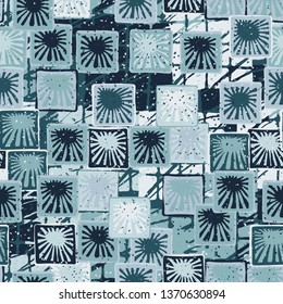 Seamless abstract pattern. The foreground consists of squares containing the sun.
The background consists of scratched blocks.
