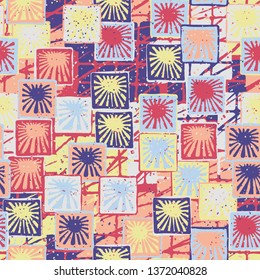 Seamless abstract pattern. The foreground consists of squares containing the sun.
The background consists of scratched blocks.