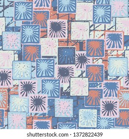 Seamless abstract pattern. The foreground consists of squares containing the sun.
The background consists of scratched blocks.