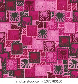 Seamless abstract pattern. The foreground consists of squares containing the sun.
The background consists of scratched rounded squares.