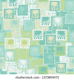 Seamless abstract pattern. The foreground consists of squares containing the sun.
The background consists of scratched rounded squares.