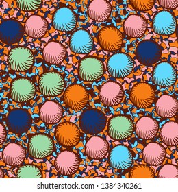 Seamless abstract pattern. The foreground consists of carelessly drawn rounded lumps.
The background consists of small five-pointed stars cut in half.