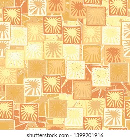 Seamless abstract pattern. The foreground consists of squares containing the sun.
The background consists of broken squares.