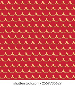 Seamless abstract pattern in the form of golden waves on a red background. Elegant vintage texture.  It can be used in web design, greeting card, textiles, printing, packaging.