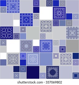 Seamless abstract pattern frame of trendy colored floral flower tiles. For wallpaper, surface textures, textile. Summer-Autumn Design. India, Islam ethnic round style. White, blue. vector