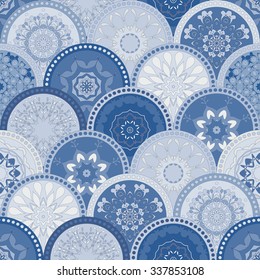 Seamless abstract pattern frame of trendy colored floral flower tile circles. For wallpaper, surface textures, fabric textile swatch. India, Islam mexican ethnic round style. White, indigo blue vector