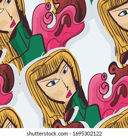 Seamless abstract pattern with freehand girls.