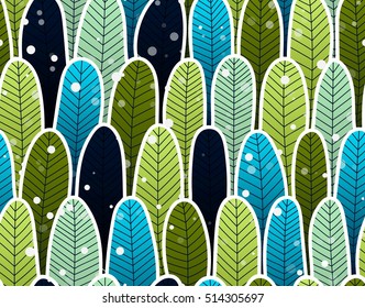 Seamless abstract pattern. Fresh cool colors. Winter seamless pattern with trees theme. Falling snow.