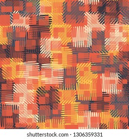 Seamless abstract pattern. The front layer consists of rounded rectangulars divided into parts of different transparency. The background consists of chaos of square strokes. Editable.